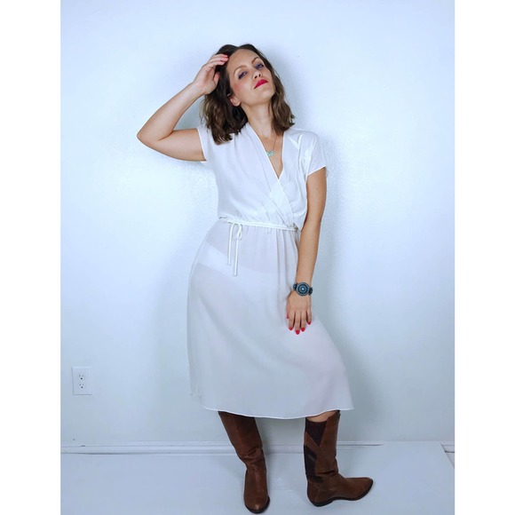 vintage 70s Sheer Ivory 3D FLOWERS Boho DRESS Medium/Lg belted secretary retro - Picture 2 of 10